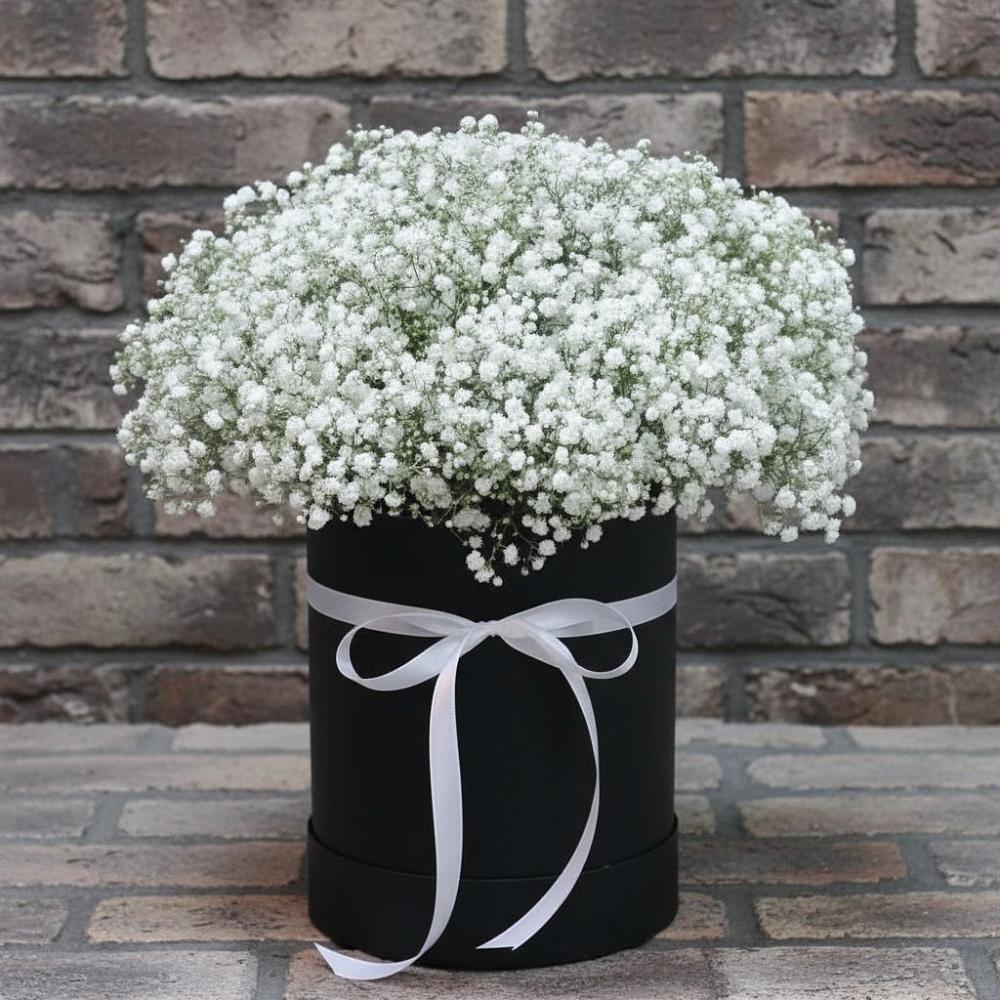 Цветочная композиция из Гипсофила в шляпной коробке в Аниве