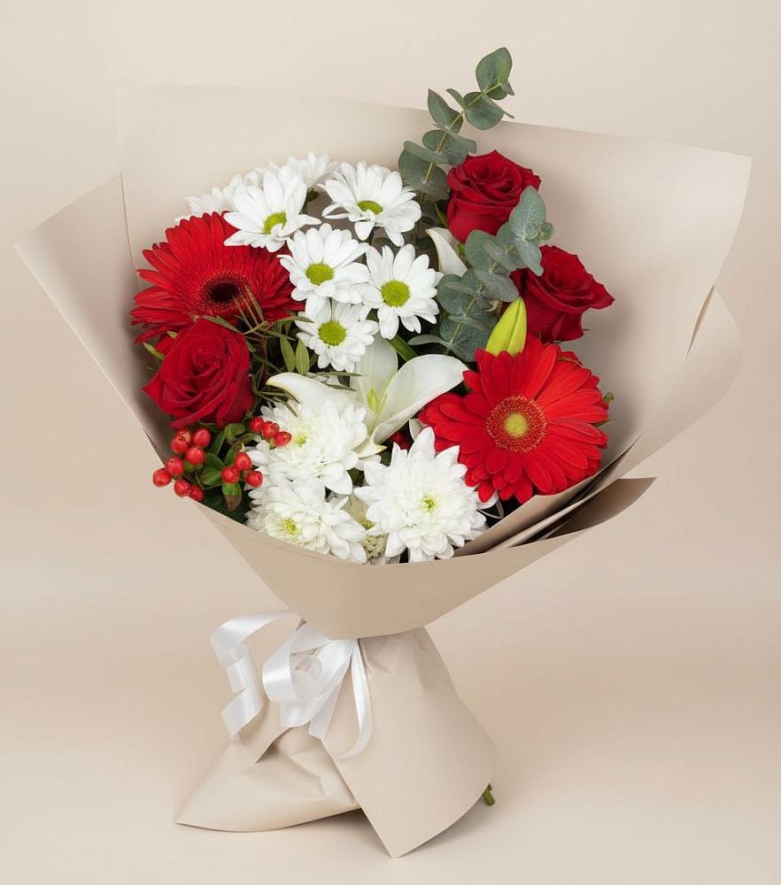 Букет цветов из: Розы, Хризантемы, Герберы и Лилии в Аниве